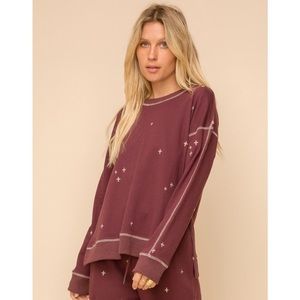 Hem & Thread burgandy cotton embroidery oversized star sweatshirt womens sized L